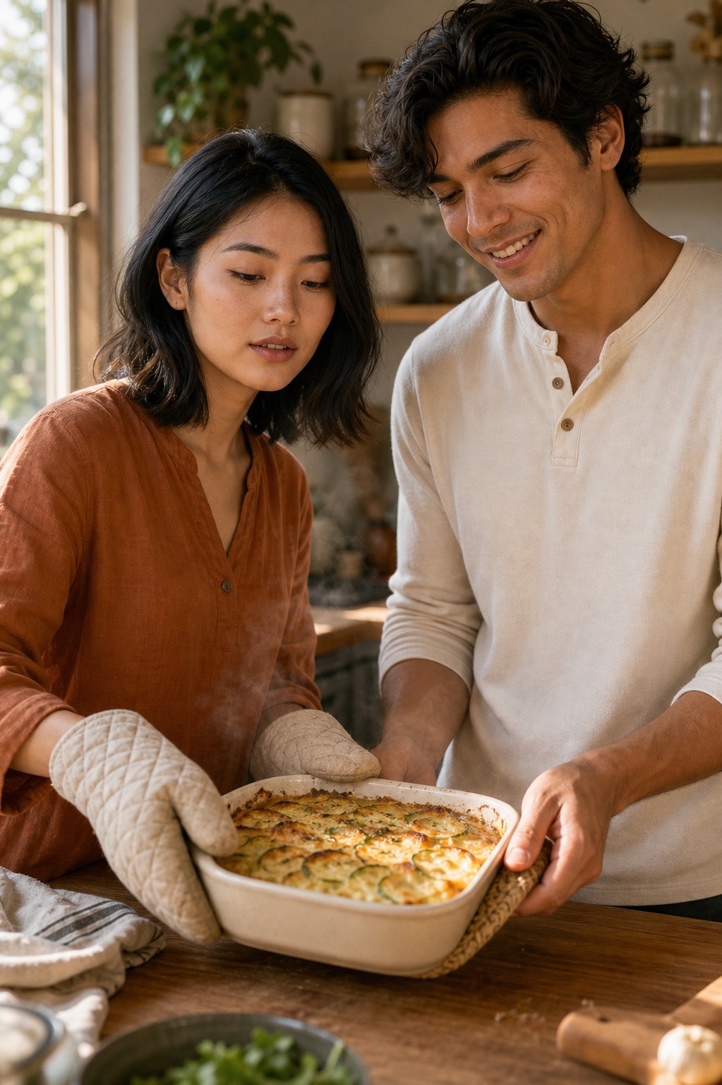 Marlowe and Tate at a wooden kitchen counter lifting a golden vegetable gratin out of a cream stoneware baking dish, Marlowe in a rust-orange linen top and quilted oven mitts, Tate in a cream henley holding a woven trivet, both looking down at the dish.