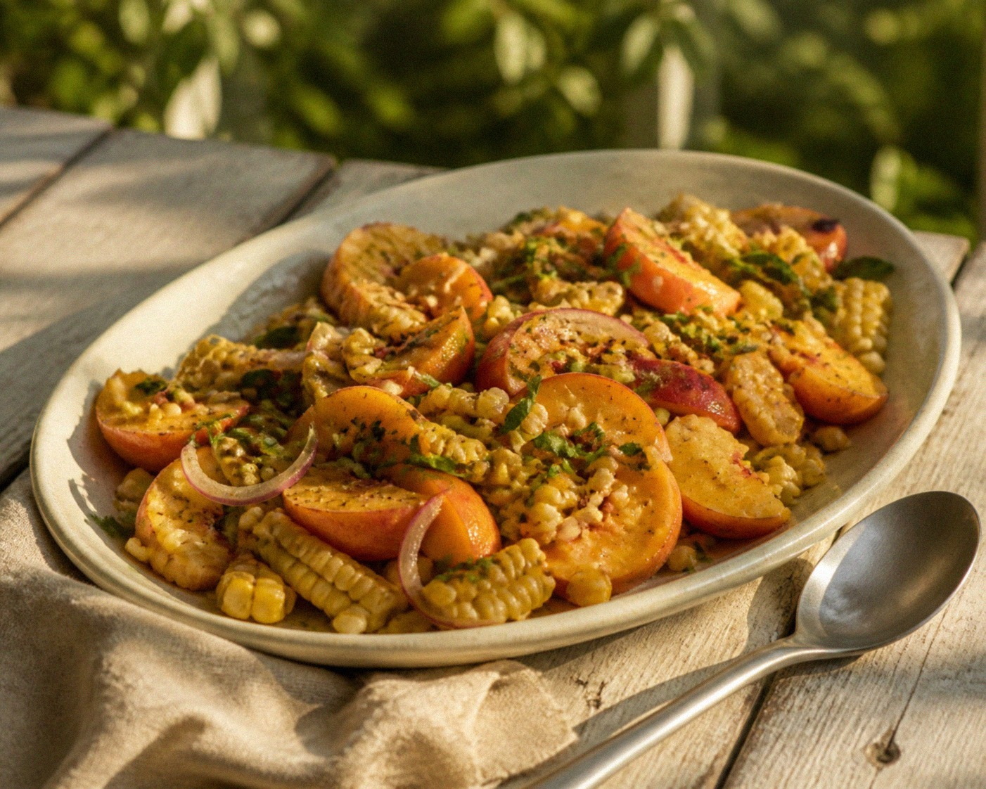 A cream ceramic platter of charred sweet corn rounds and ripe peach wedges with basil and red onion on a sunlit porch table.