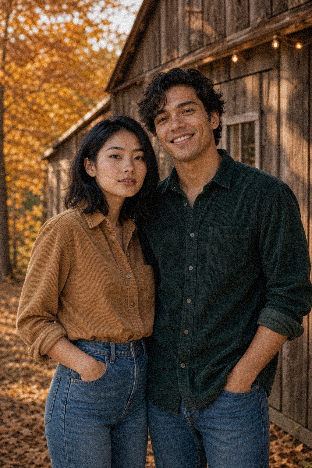 Marlowe and Tate beside a rustic wooden barn in autumn, both modeling corduroy shirts in warm fall light.