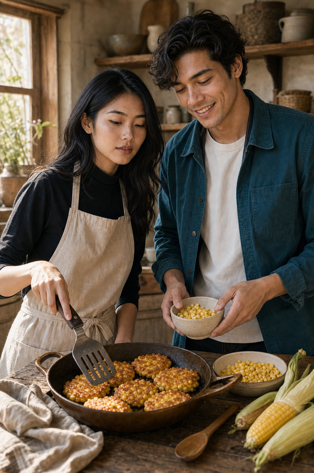Marlowe and Tate standing together at a wooden farmhouse counter, a bronze-toned cast iron skillet of golden corn fritters between them, a bowl of fresh corn kernels and ears of corn nearby, warm window light.