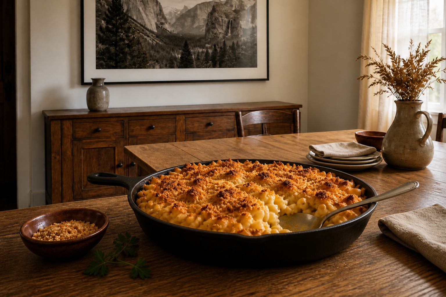 A shallow matte-black cast-iron skillet of baked macaroni and cheese with crisp browned-butter sourdough crumbs, a serving spoon, parsley, and a small bowl of crumbs on a warm oak dining table.
