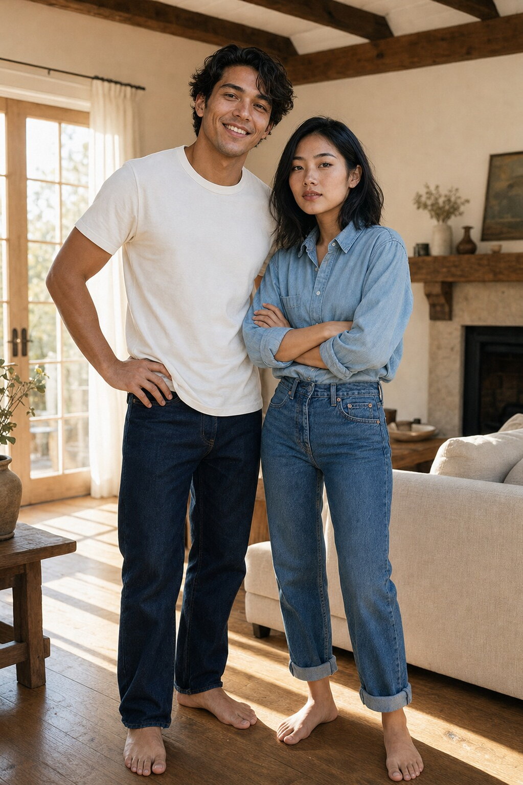 Marlowe and Tate standing together in a sunlit farmhouse living room, Marlowe in a white crew-neck tee and indigo straight-leg denim, Tate in a chambray shirt, both relaxed and facing the camera, warm window light.