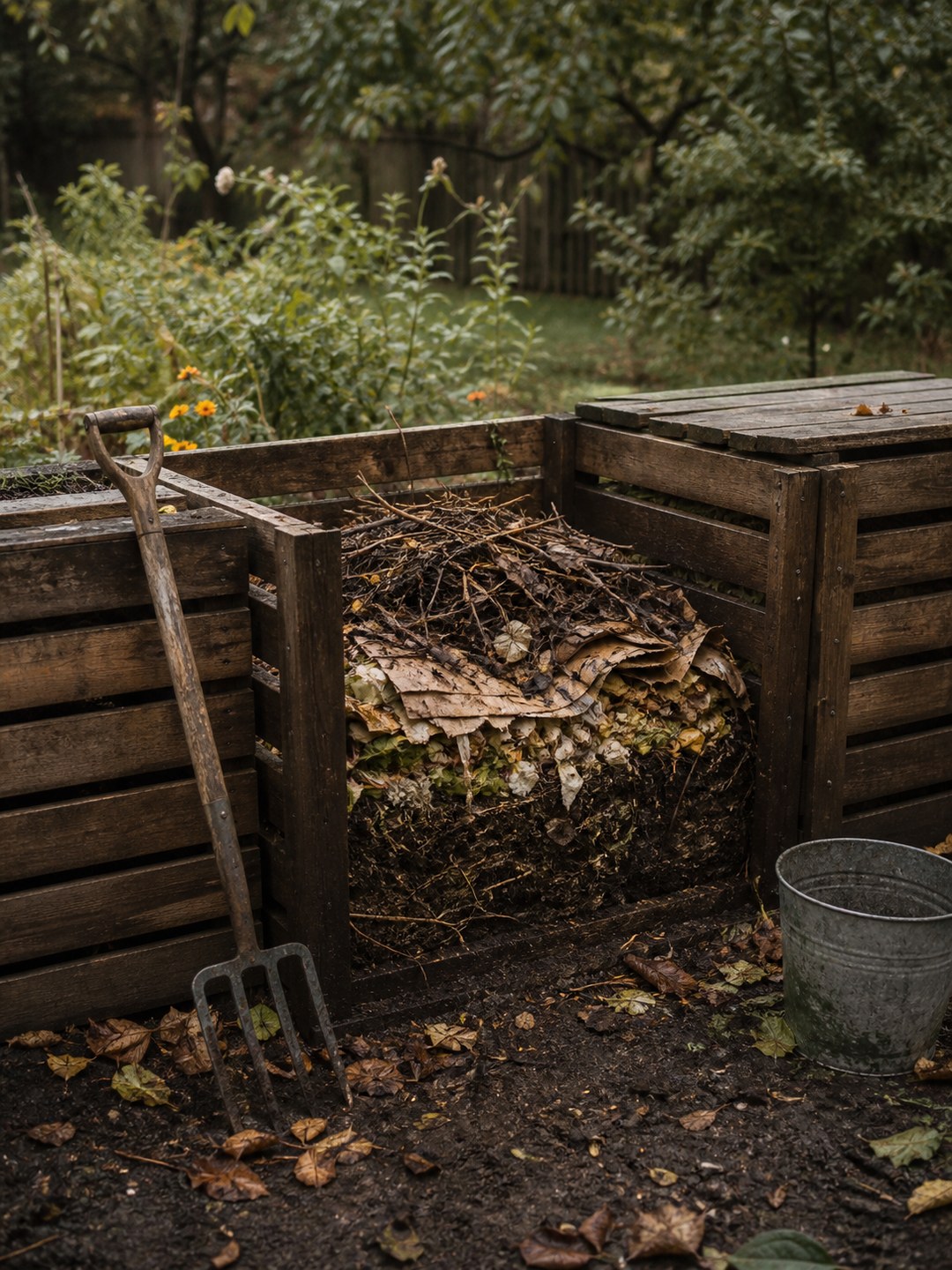 A weathered three-bin compost system with visible layers of twigs, dry leaves, cardboard, kitchen scraps, and finished dark compost beside a garden fork and galvanized bucket.
