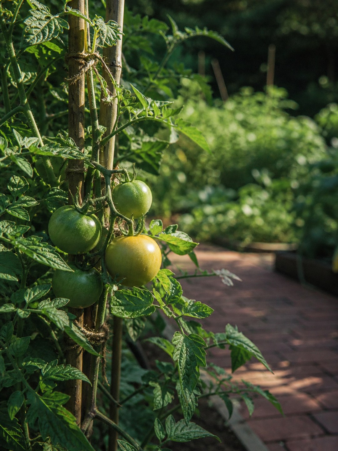 A staked late-summer tomato vine with realistic green fruit at several ripening stages, including one pale glossy breaker tomato, beside a brick garden path.