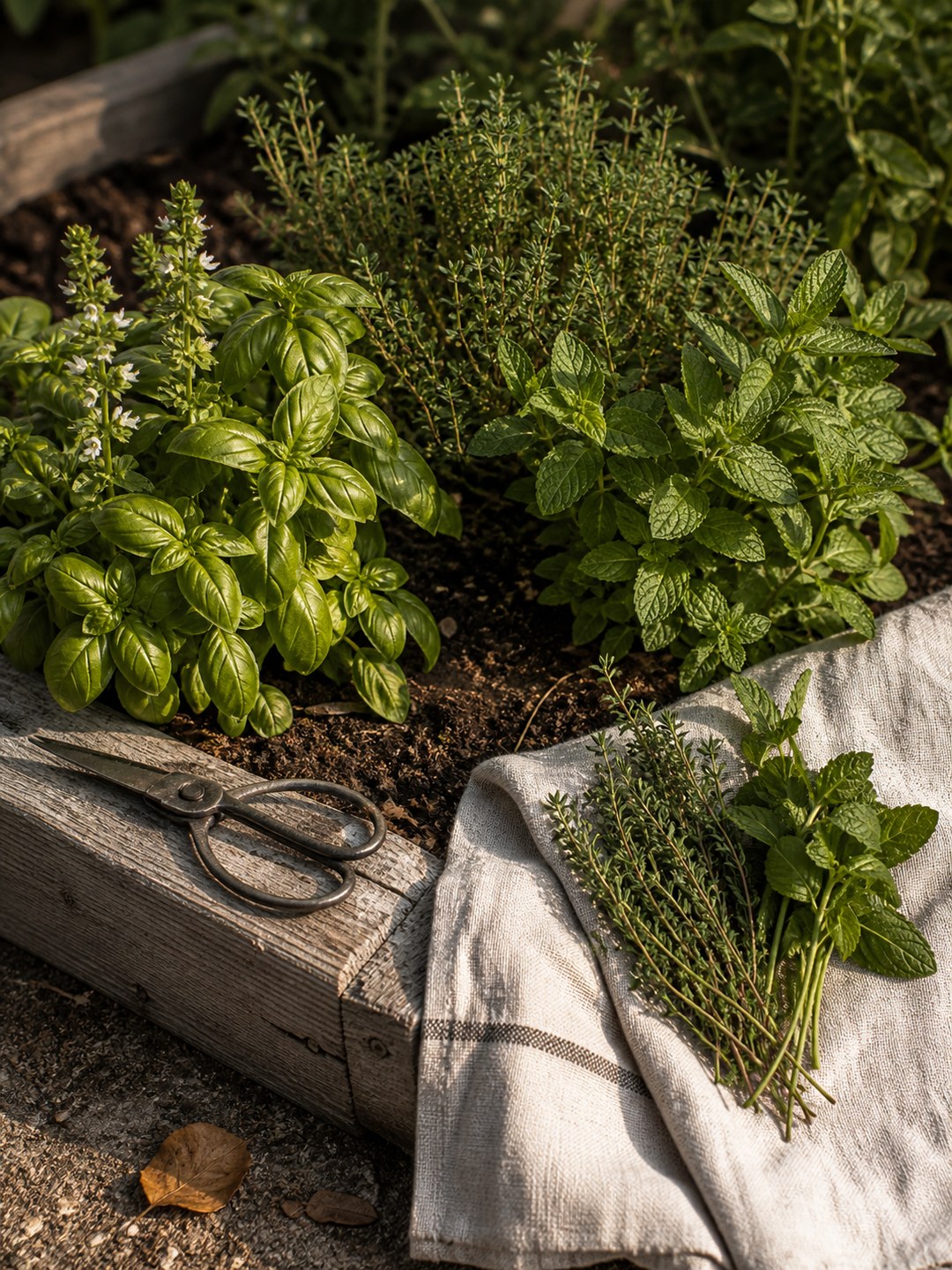 Basil, thyme, and mint growing in a weathered raised bed beside closed garden scissors and a linen towel holding a small bundle of fresh herb cuttings.