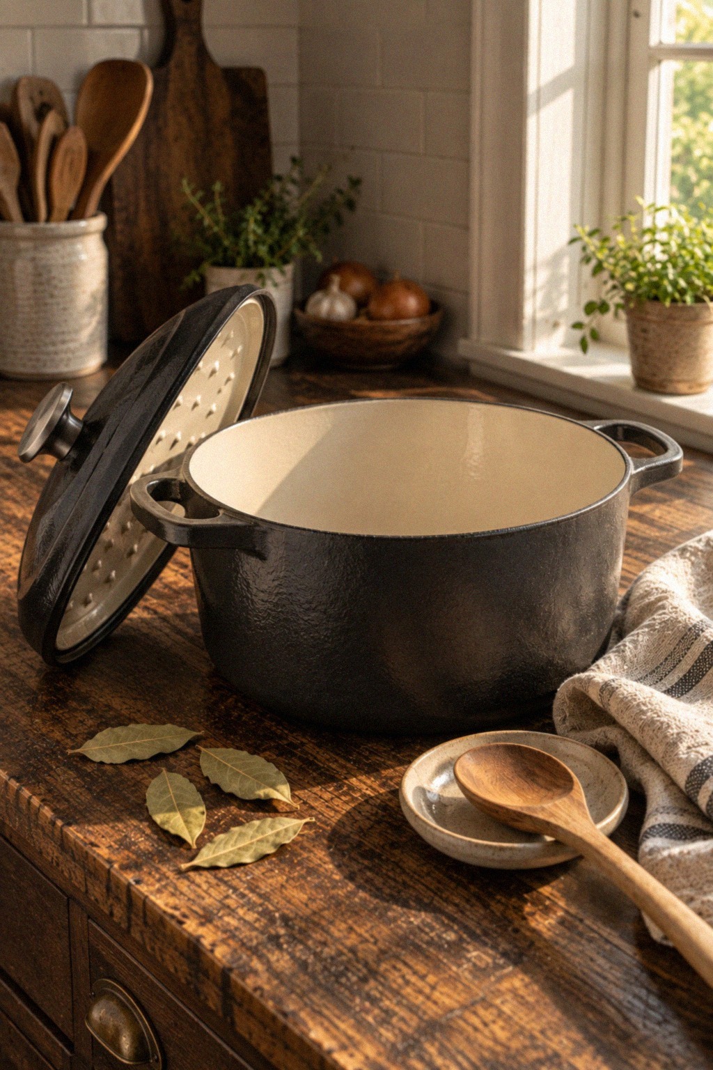 A matte graphite-black enameled cast-iron cocotte with its lid resting at an angle against the pot on a worn oak counter, beside a folded linen towel, a wooden spoon on a small ceramic dish, and four loose bay leaves.