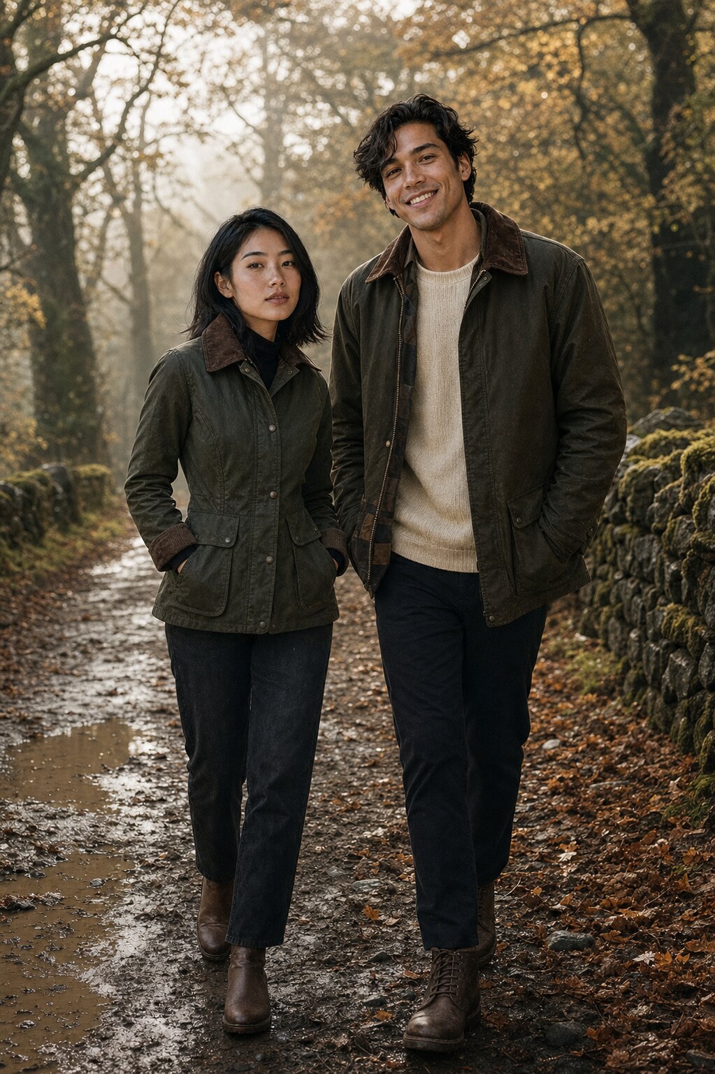 Marlowe and Tate walking a misty autumn woodland path after rain, both in olive weatherproof field jackets with corduroy collars, hands in pockets, warm golden backlight through the trees.