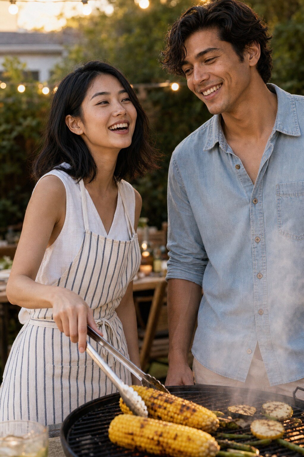 Marlowe in a white sleeveless linen top and striped apron turns grilled corn with tongs at the backyard grill while Tate in a light blue chambray shirt with rolled sleeves grins at her, both laughing in the golden hour.
