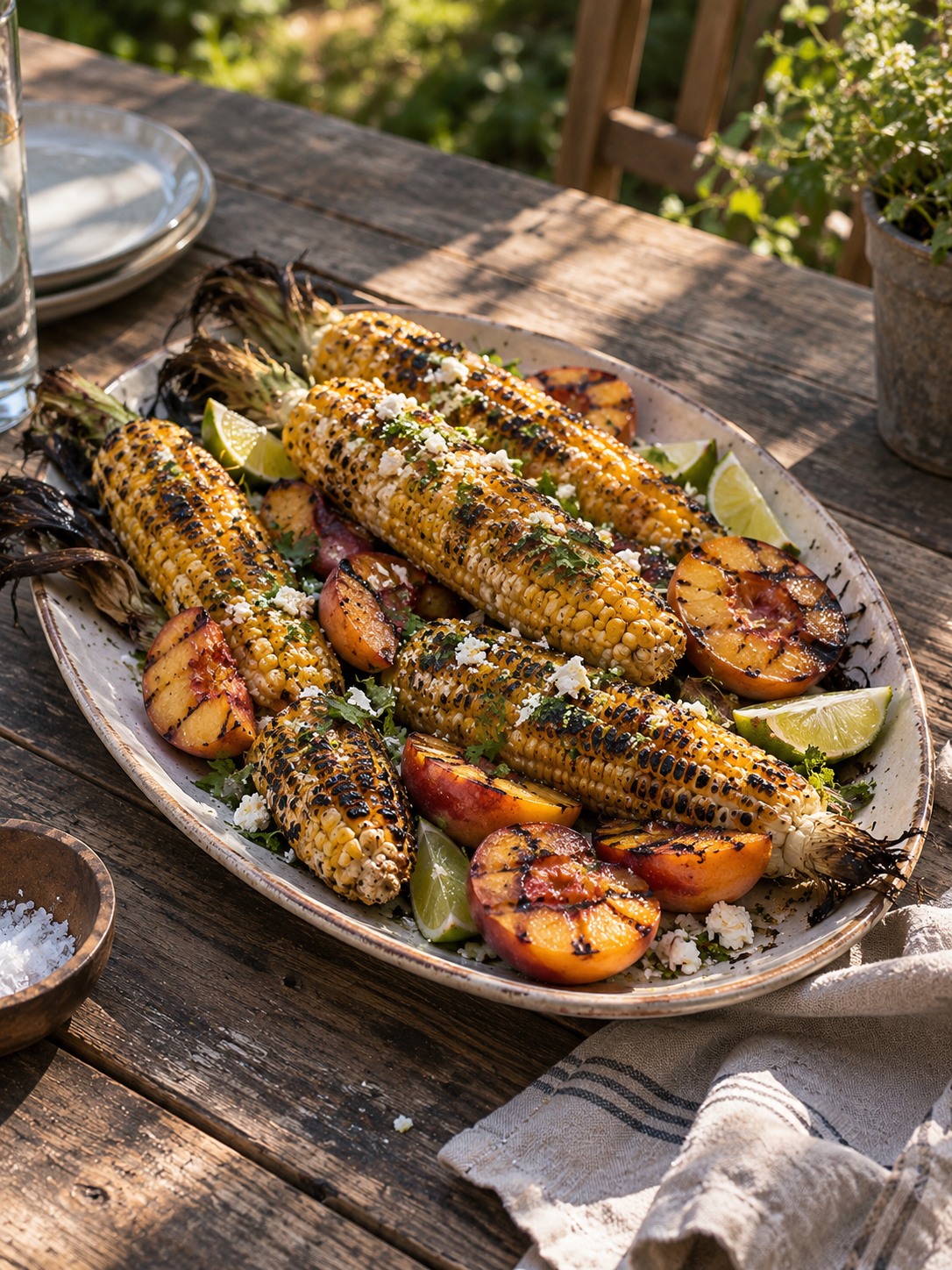 A platter of charred corn and peaches on a worn outdoor summer table.