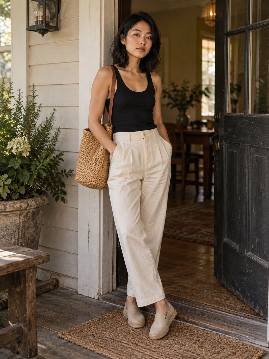 Marlowe wearing beige canvas espadrilles and cream trousers beside a farmhouse door.