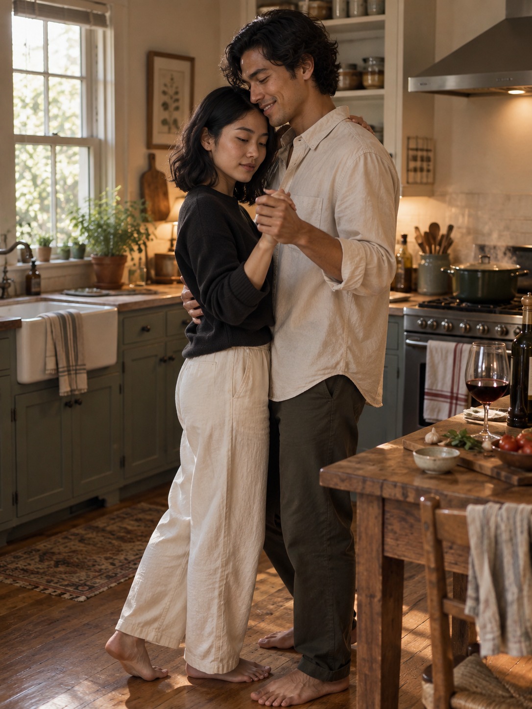 Marlowe and Tate slow dancing in a warm farmhouse kitchen while supper finishes.