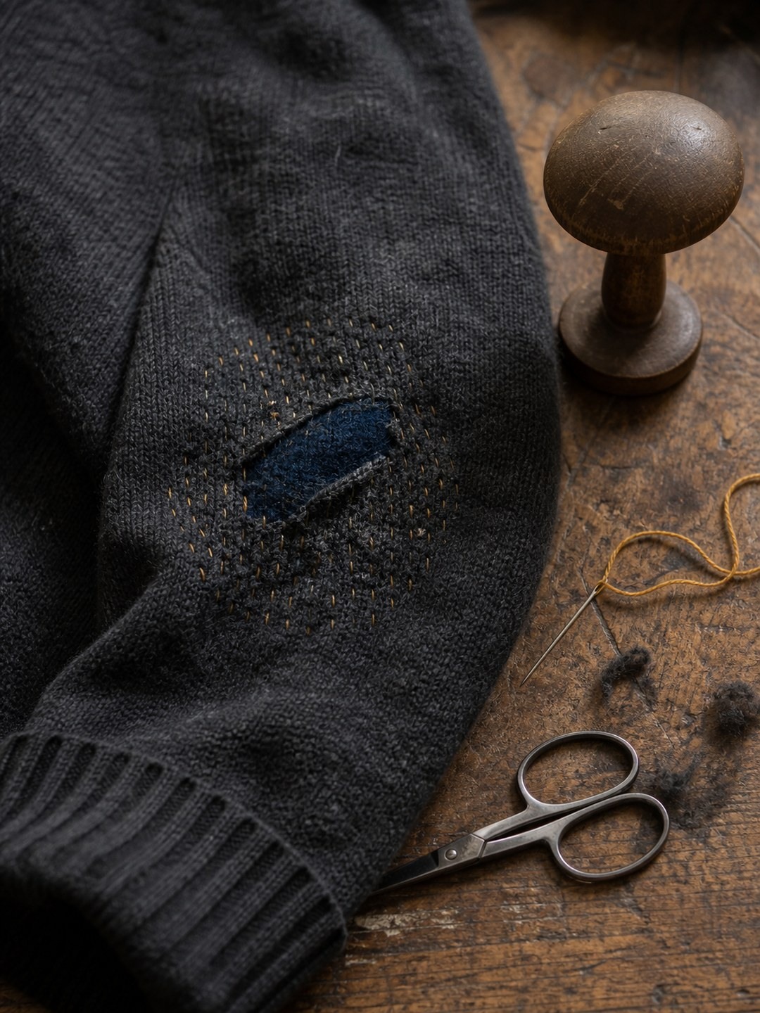 A charcoal sweater with a visible elbow repair, thread, needle, and darning tools.
