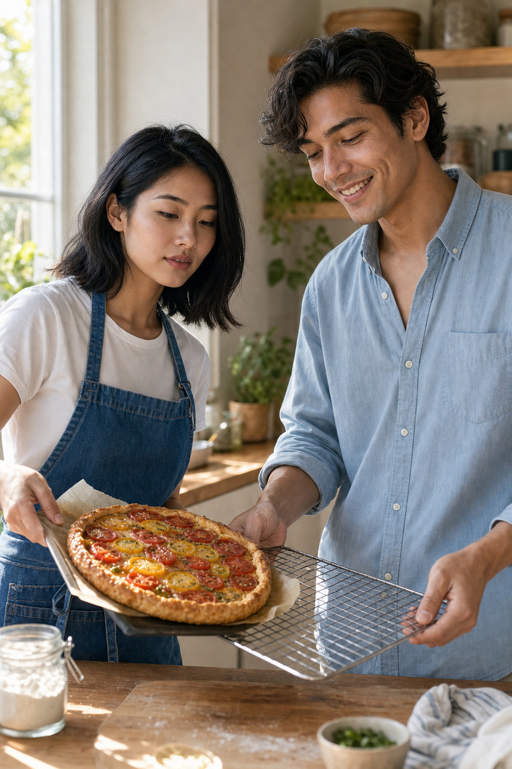 Marlowe in a white tee and denim apron lifts a golden tomato tart out of a baking sheet while Tate in a light blue chambray shirt holds a cooling rack, both looking at the tart with pleased expressions.