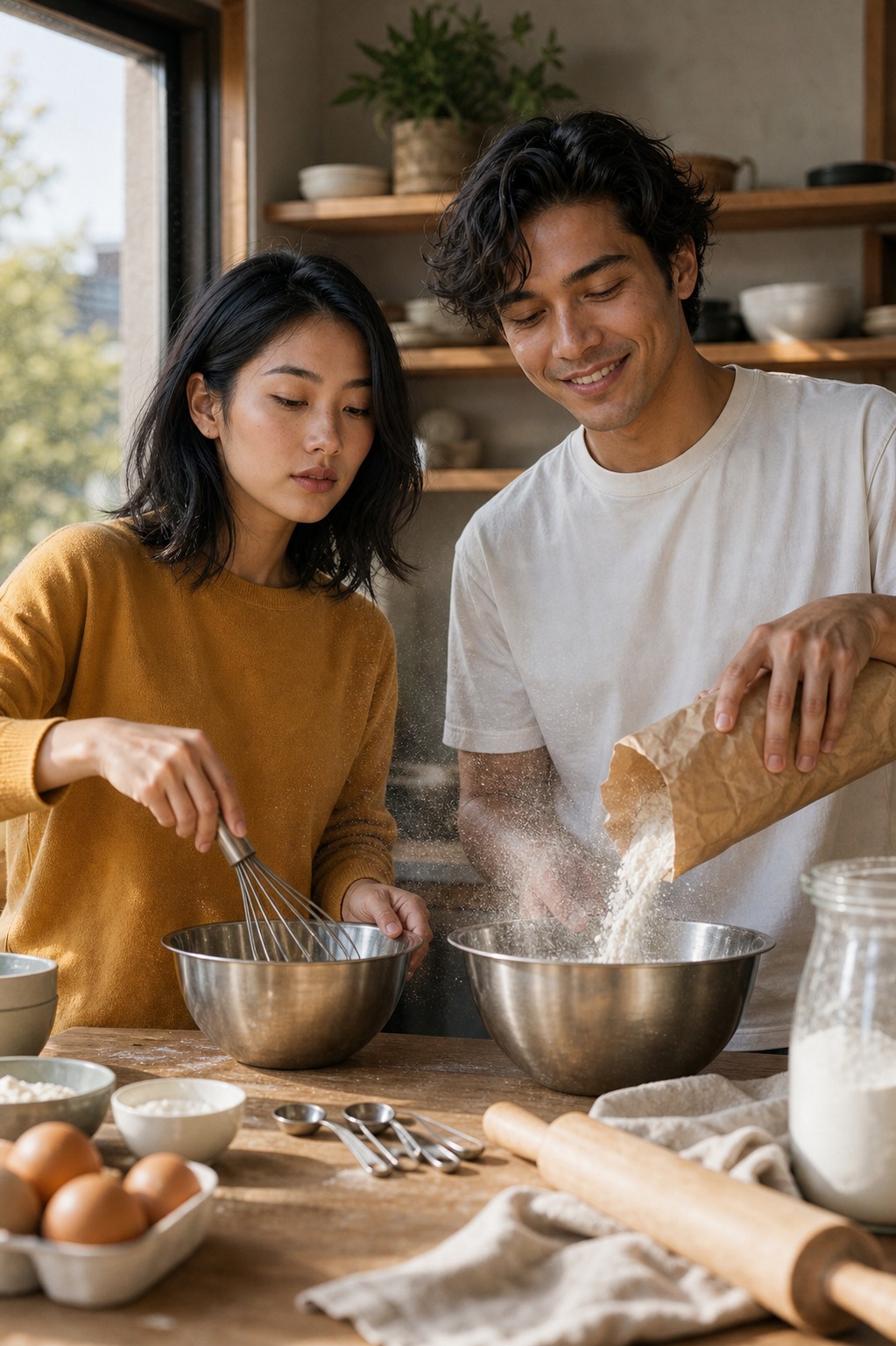 Marlowe whisks in a stainless bowl while Tate pours flour into a second bowl at the farmhouse worktable.