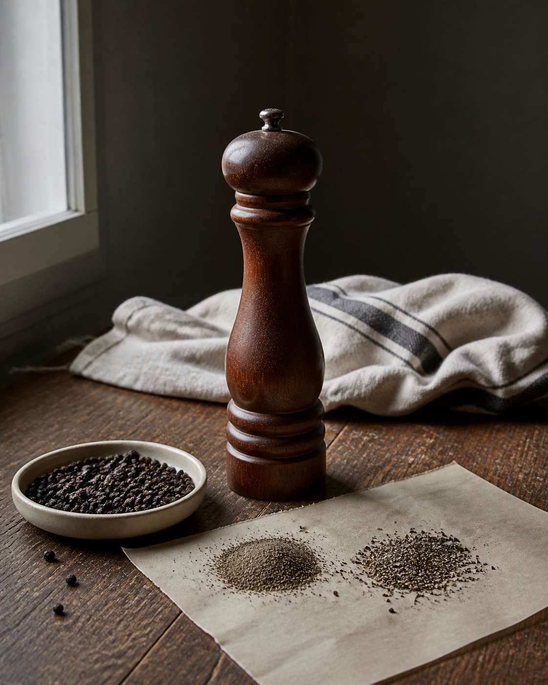 A single dark wood pepper mill beside whole peppercorns and separate fine and coarse grinds on a worn farmhouse table.