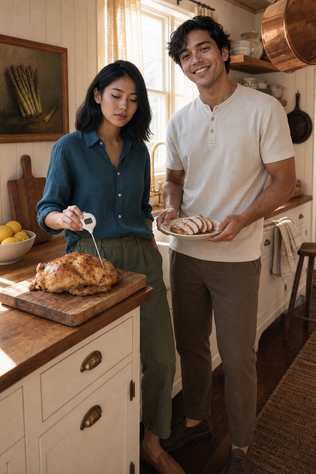 Marlowe and Tate at the kitchen counter, Marlowe in a deep teal linen shirt reading a small digital thermometer held over a roasted chicken breast on a wooden board, Tate in a cream short-sleeve henley holding the plated chicken, both with pleased, focused expressions.