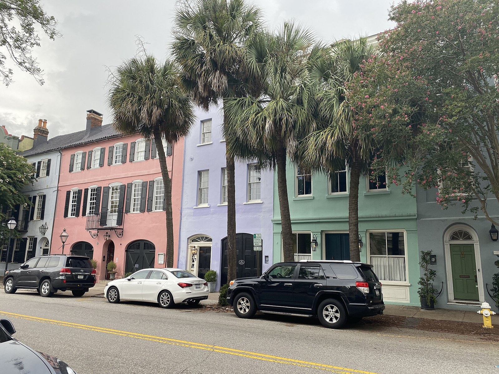 Pastel houses and palmettos along Charleston's Rainbow Row.