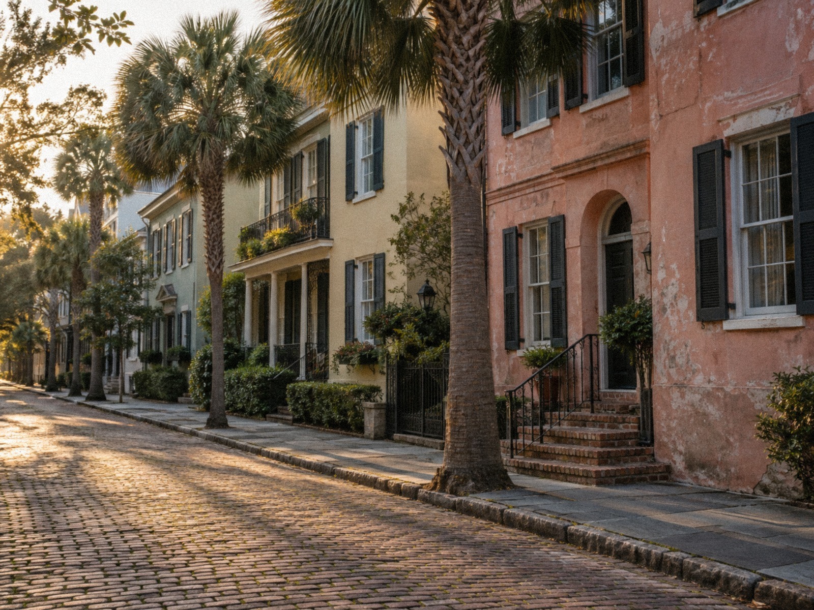 Pastel houses and palmettos along a quiet cobblestone Charleston street in warm morning light.