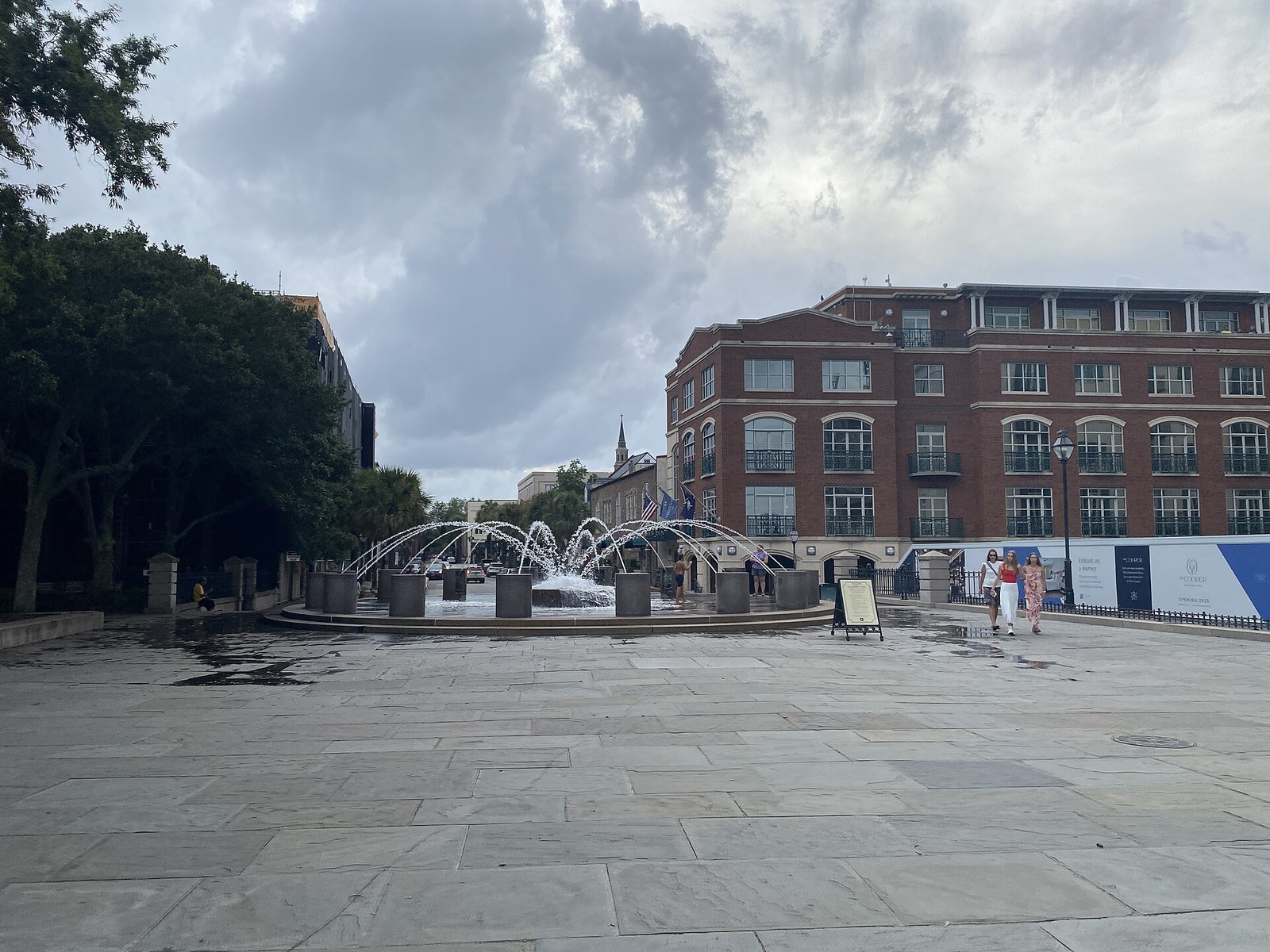 The fountain and broad stone walk at Charleston Waterfront Park.