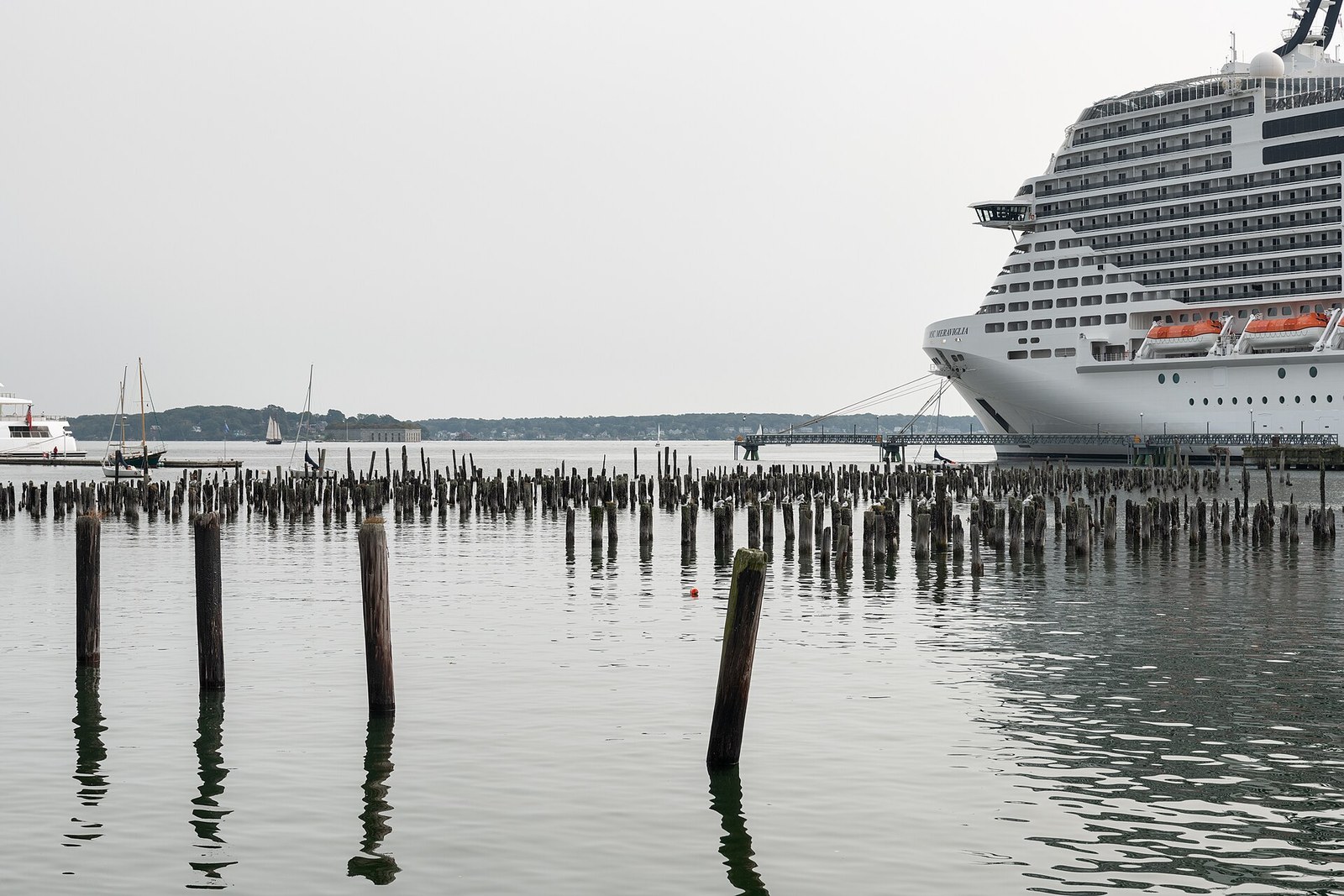 Portland Harbor on a gray morning, with a cruise ship beyond the pilings.