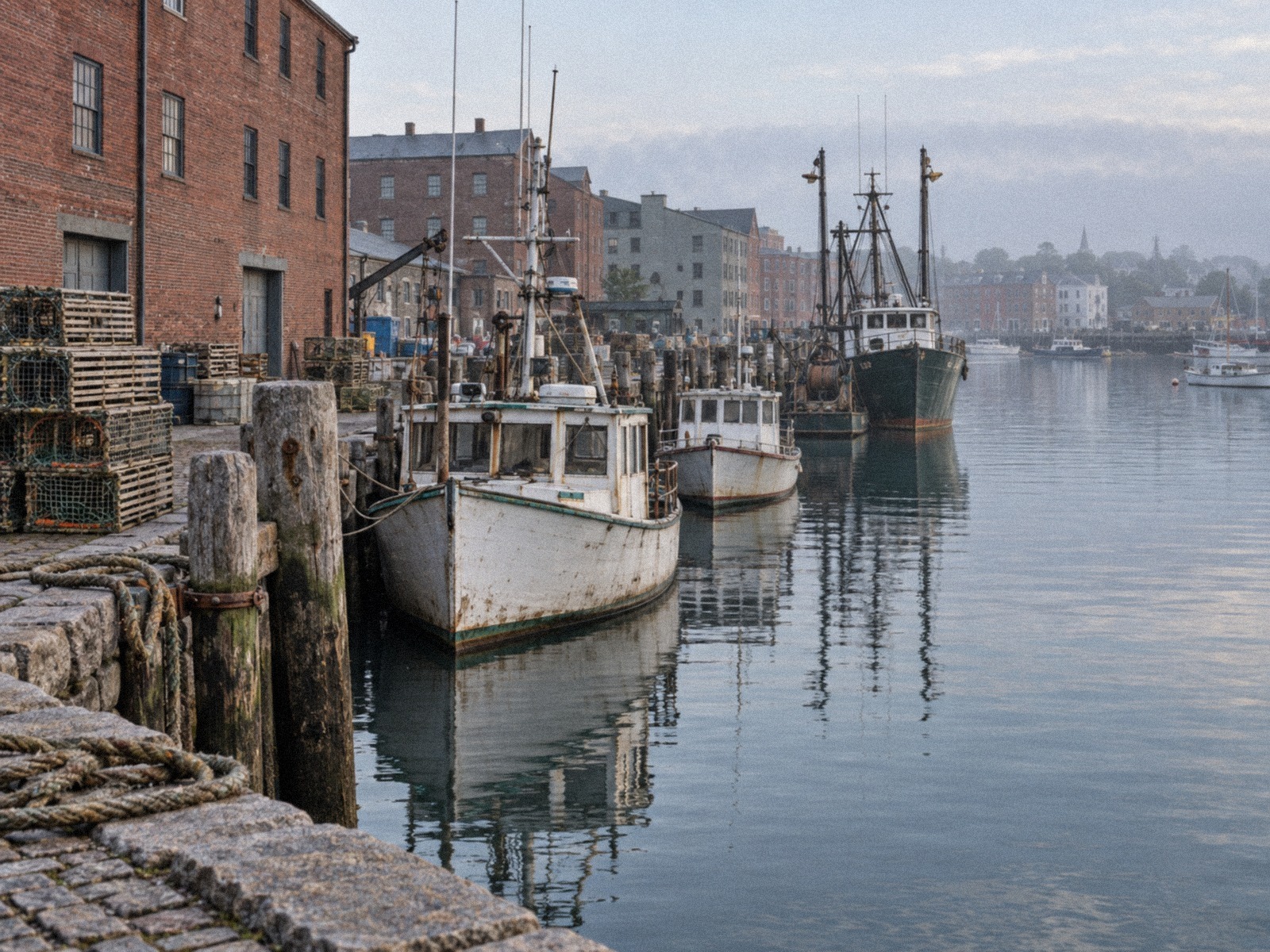 Fishing boats along a weathered wooden pier beside historic brick buildings in Portland's Old Port.