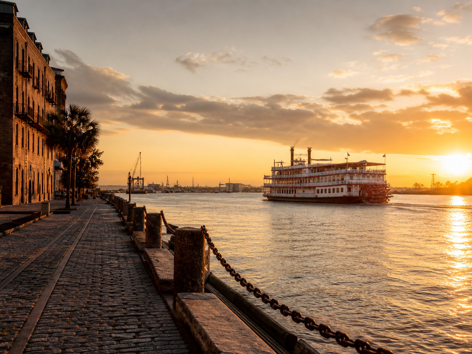 A riverboat passing Savannah's cobbled riverfront in golden evening light.